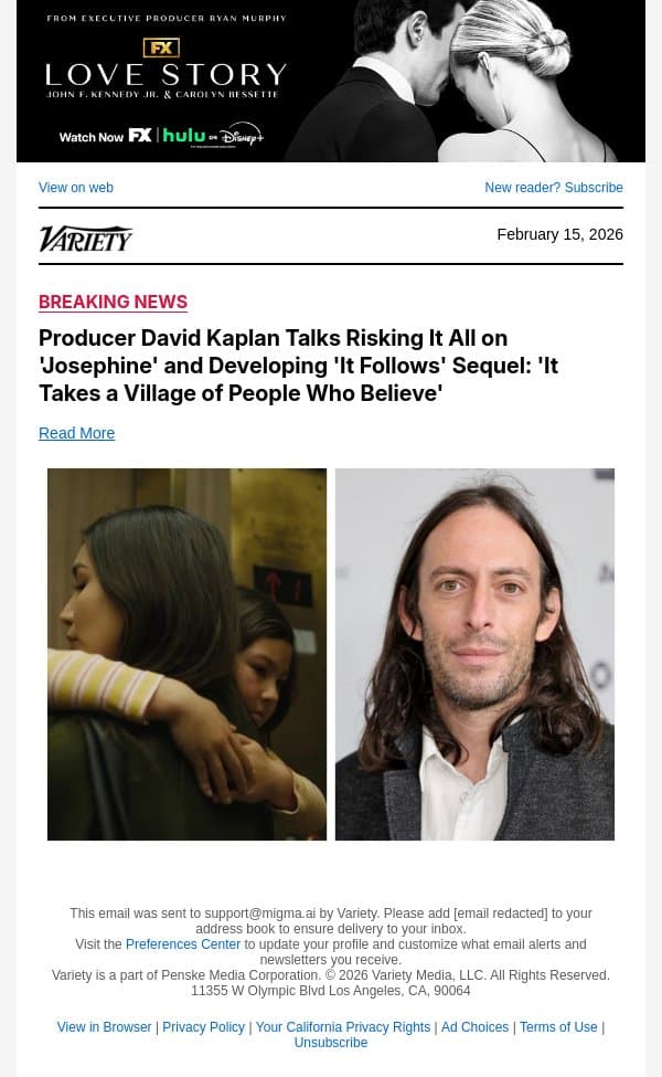 Producer David Kaplan Talks Risking It All on 'Josephine' and Developing 'It Follows' Sequel: 'It Takes a Village of People Who Believe' email from Variety screenshot