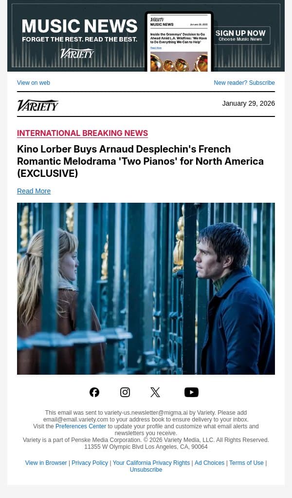 Kino Lorber Buys Arnaud Desplechin's French Romantic Melodrama 'Two Pianos' for North America (EXCLUSIVE) email from Variety screenshot