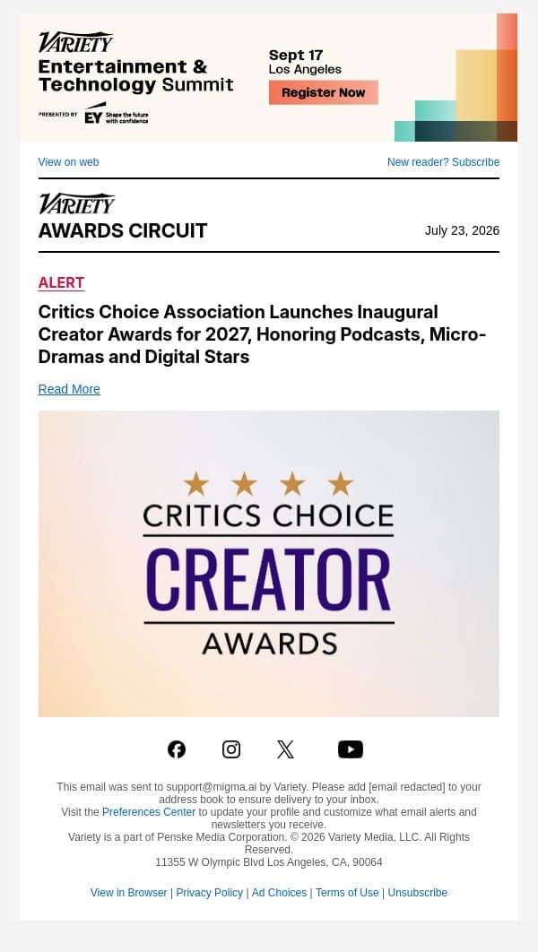 Critics Choice Association Launches Inaugural Creator Awards for 2027, Honoring Podcasts, Micro-Dramas and Digital Stars email from Variety screenshot