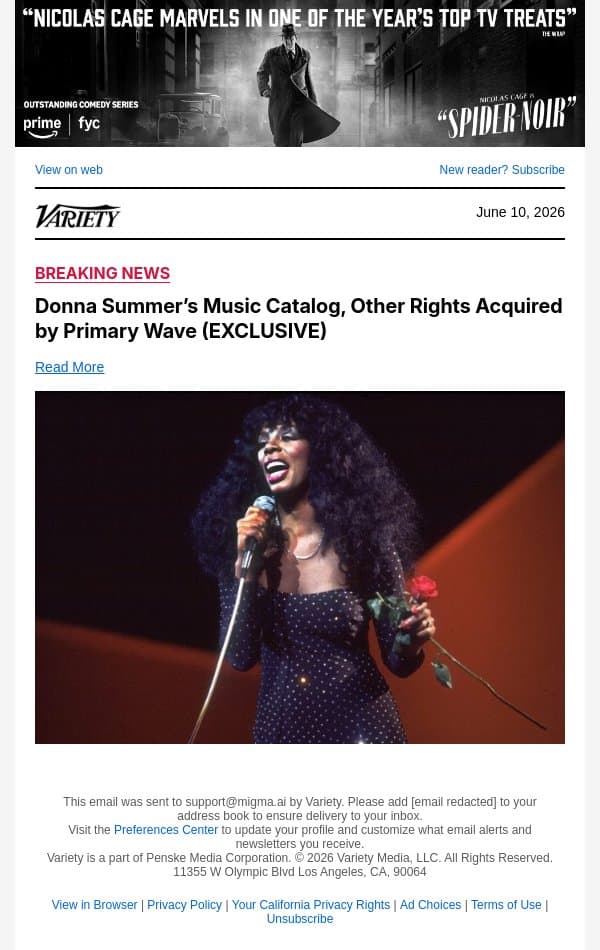 Donna Summer’s Music Catalog, Other Rights Acquired by Primary Wave (EXCLUSIVE) email from Variety screenshot