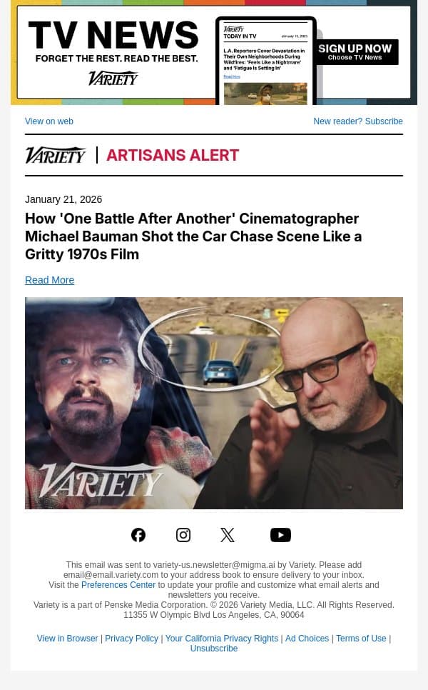 How 'One Battle After Another' Cinematographer Michael Bauman Shot the Car Chase Scene Like a Gritty 1970s Film email from Variety screenshot