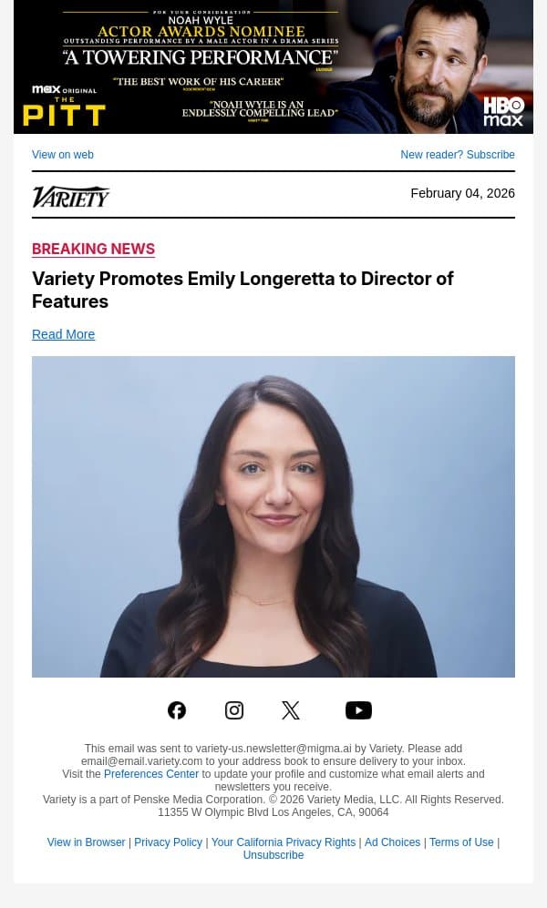 Variety Promotes Emily Longeretta to Director of Features email from Variety screenshot