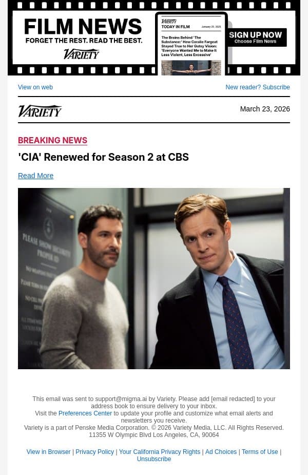 'CIA' Renewed for Season 2 at CBS email from Variety screenshot