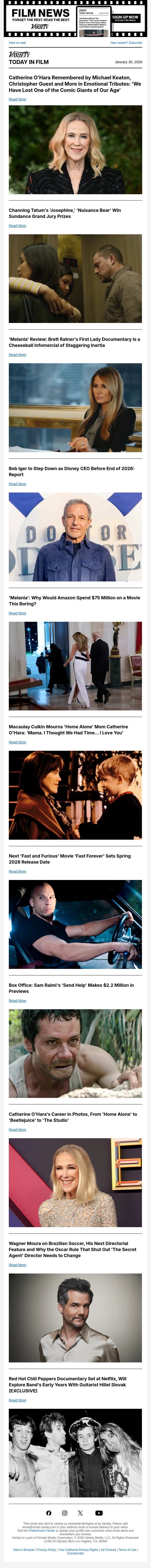 Catherine O'Hara Remembered; Sundance Film Festival Winners; 'Melania' Review email from Variety screenshot