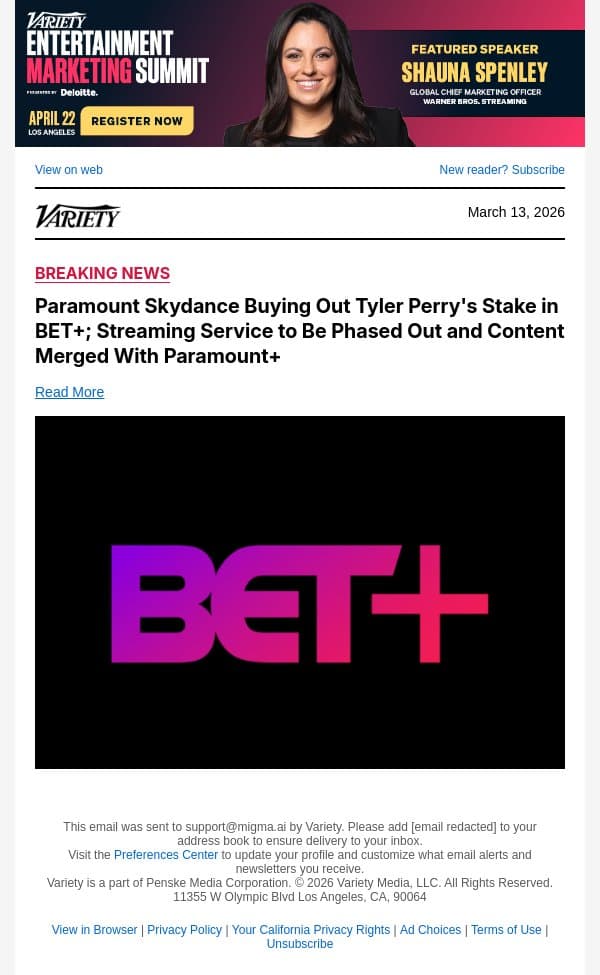 Paramount Skydance Buying Out Tyler Perry's Stake in BET+; Streaming Service to Be Phased Out and Content Merged With Paramount+ email from Variety screenshot