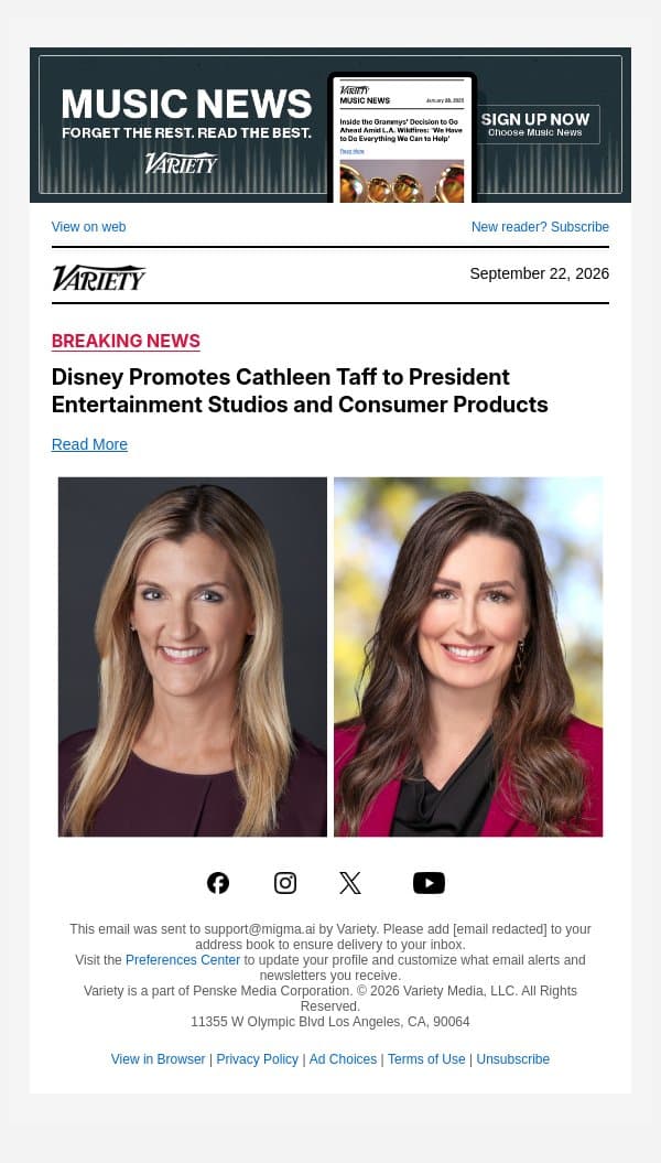 Disney Promotes Cathleen Taff to President Entertainment Studios and Consumer Products email from Variety screenshot