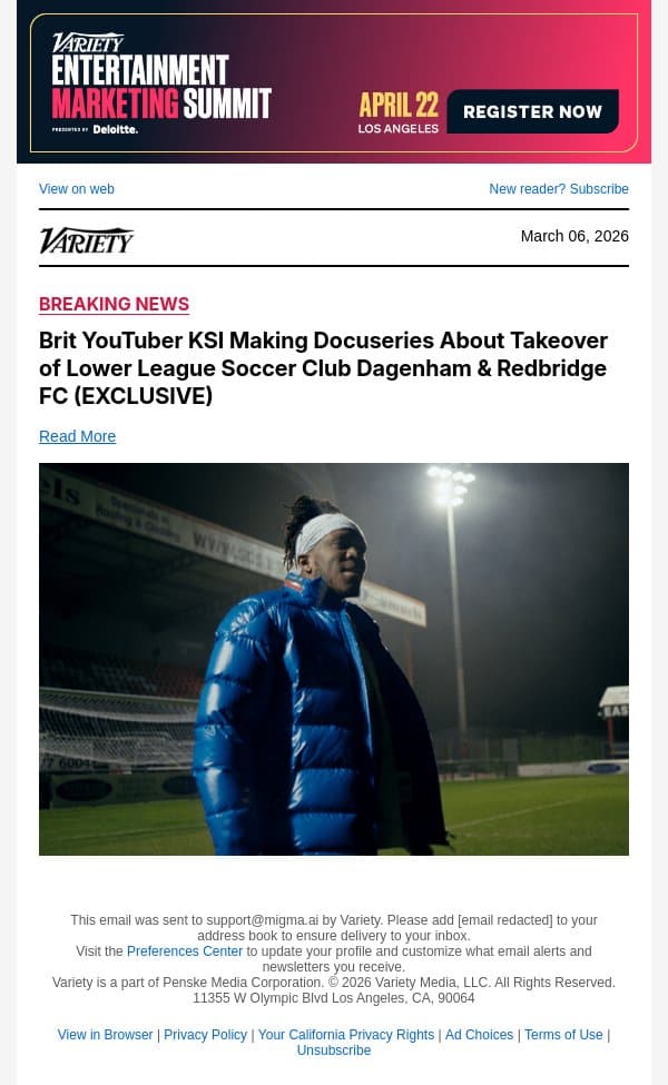 Brit YouTuber KSI Making Docuseries About Takeover of Lower League Soccer Club Dagenham and Redbridge FC (EXCLUSIVE) email from Variety screenshot