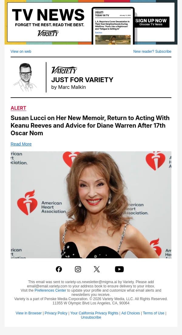 Susan Lucci on Her New Memoir, Return to Acting With Keanu Reeves and Advice for Diane Warren After 17th Oscar Nom email from Variety screenshot