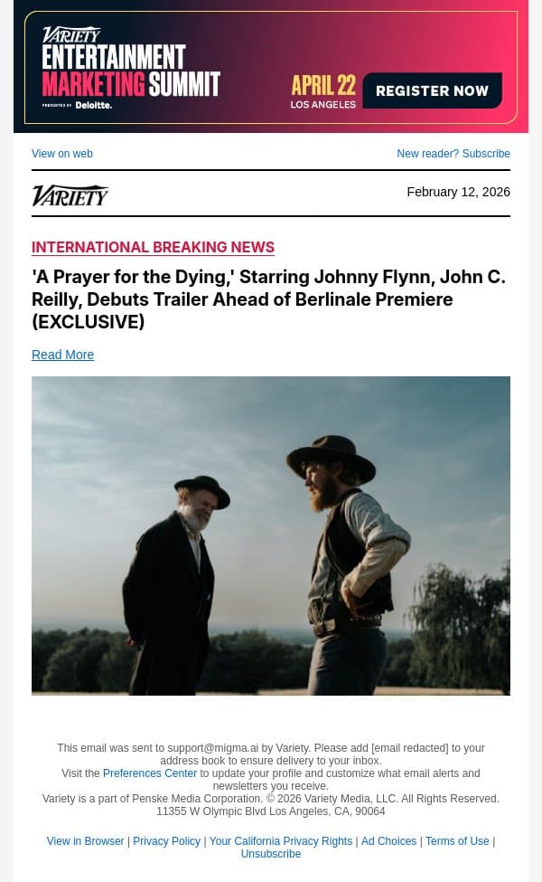 'A Prayer for the Dying,' Starring Johnny Flynn, John C. Reilly, Debuts Trailer Ahead of Berlinale Premiere (EXCLUSIVE) email from Variety screenshot