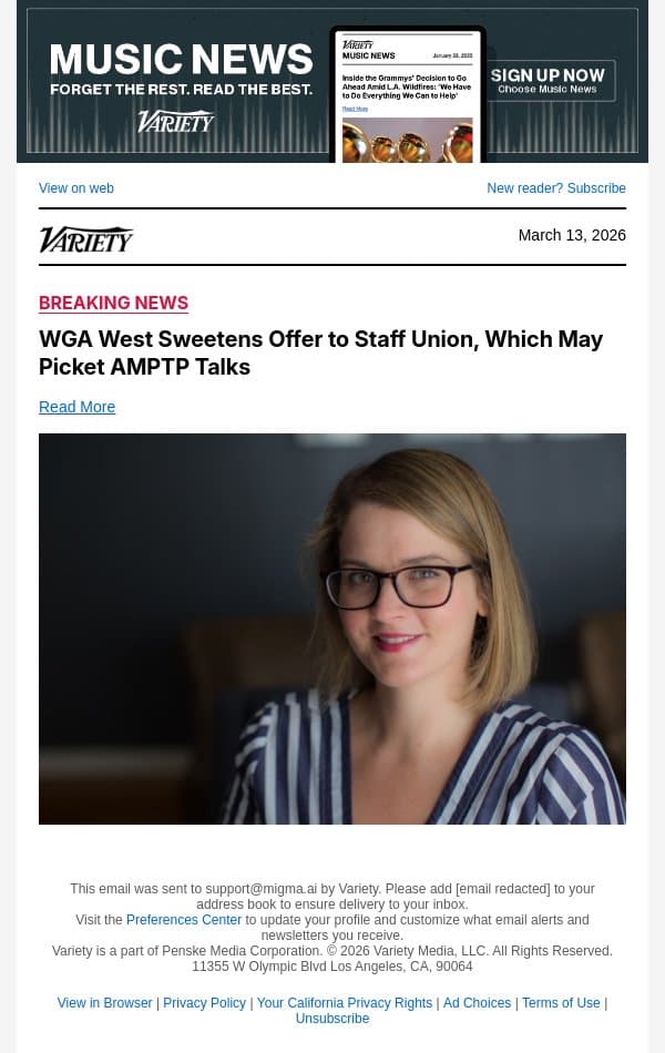 WGA West Sweetens Offer to Staff Union, Which May Picket AMPTP Talks email from Variety screenshot