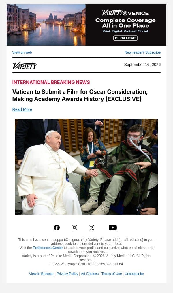 Vatican to Submit a Film for Oscar Consideration, Making Academy Awards History (EXCLUSIVE) email from Variety screenshot