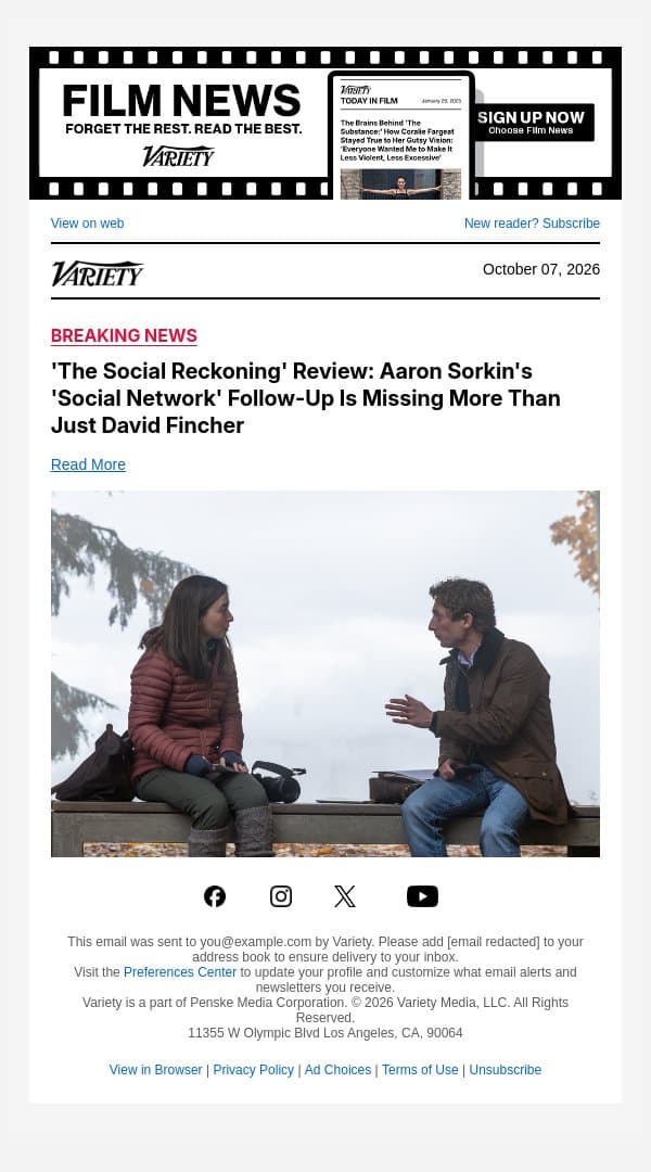 'The Social Reckoning' Review: Aaron Sorkin's 'Social Network' Follow-Up Is Missing More Than Just David Fincher email from Variety screenshot