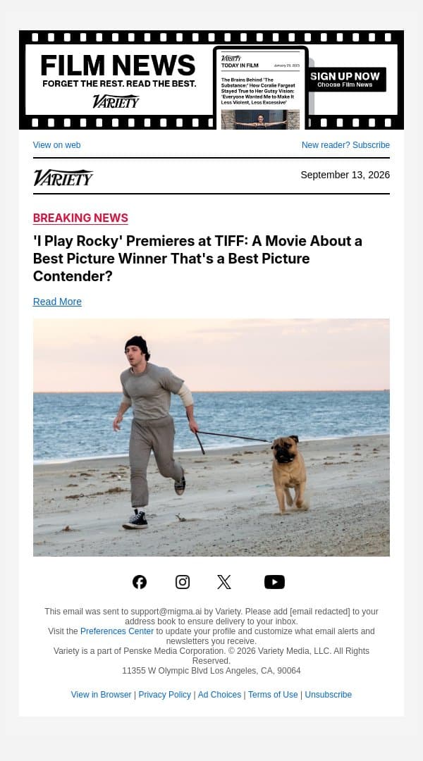 'I Play Rocky' Premieres at TIFF: A Movie About a Best Picture Winner That's a Best Picture Contender? email from Variety screenshot
