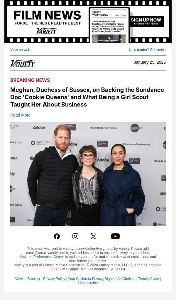 Meghan, Duchess of Sussex, on Backing the Sundance Doc 'Cookie Queens' and What Being a Girl Scout Taught Her About Business email from Variety screenshot