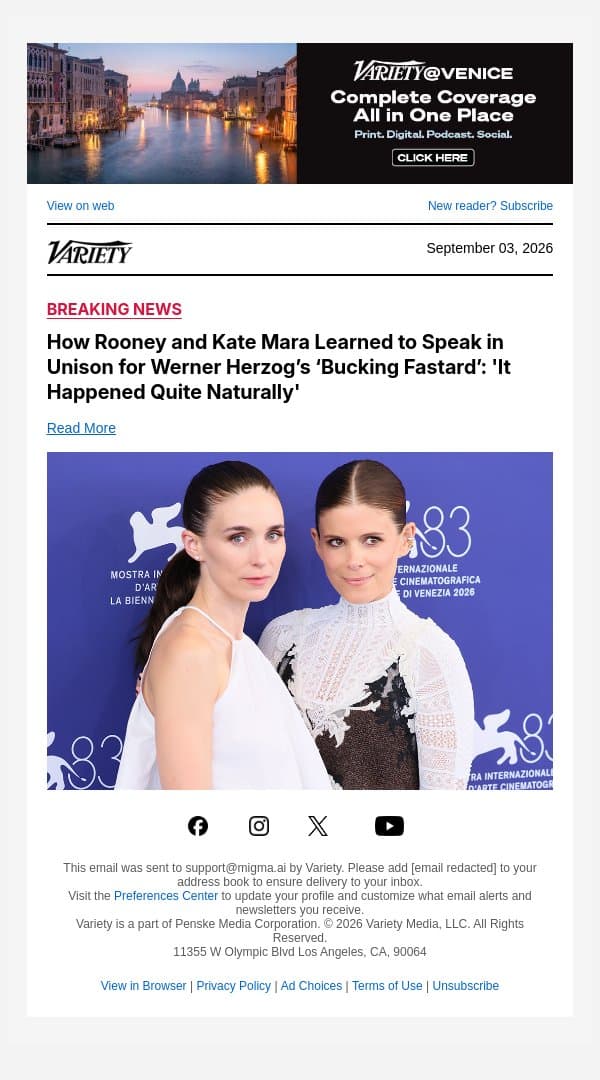 How Rooney and Kate Mara Learned to Speak in Unison for Werner Herzog’s ‘Bucking Fastard’: 'It Happened Quite Naturally' email from Variety screenshot