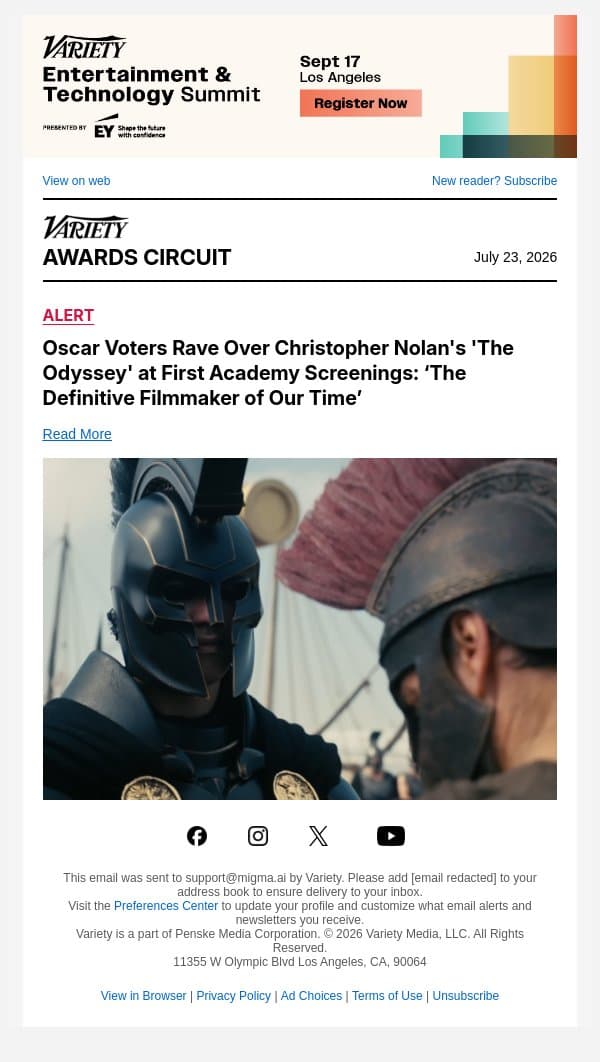Oscar Voters Rave Over Christopher Nolan's 'The Odyssey' at First Academy Screenings: ‘The Definitive Filmmaker of Our Time’ email from Variety screenshot
