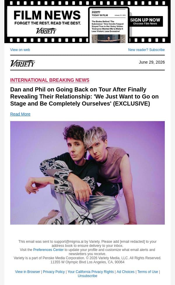 Dan and Phil on Going Back on Tour After Finally Revealing Their Relationship: 'We Just Want to Go on Stage and Be Completely Ourselves' (EXCLUSIVE) email from Variety screenshot