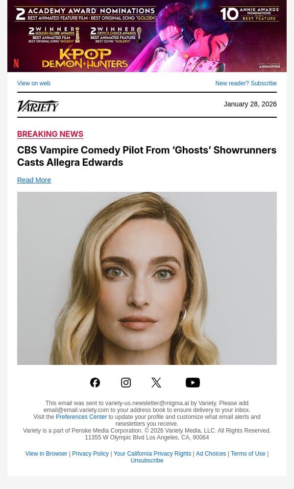 CBS Vampire Comedy Pilot From ‘Ghosts’ Showrunners Casts Allegra Edwards email from Variety screenshot