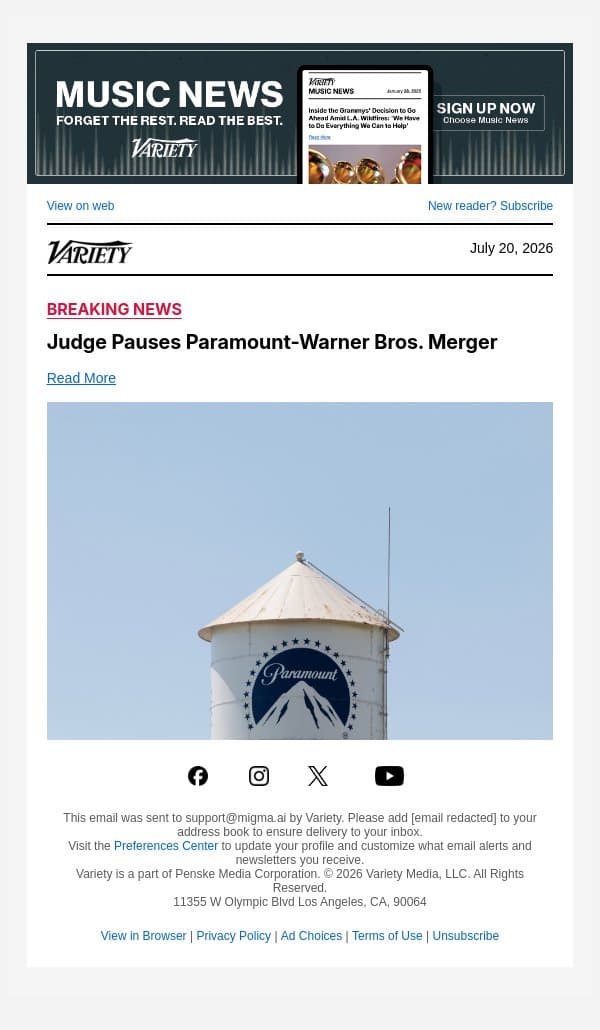 Judge Pauses Paramount-Warner Bros. Merger email from Variety screenshot