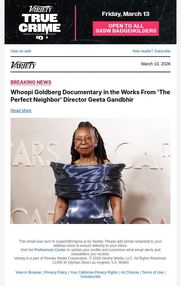 Whoopi Goldberg Documentary in the Works From 'The Perfect Neighbor' Director Geeta Gandbhir email from Variety screenshot
