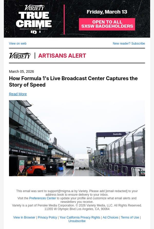 How Formula 1's Live Broadcast Center Captures the Story of Speed email from Variety screenshot