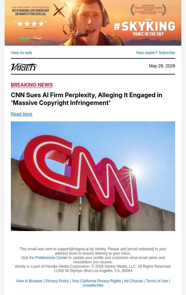 CNN Sues AI Firm Perplexity, Alleging It Engaged in 'Massive Copyright Infringement' email from Variety screenshot