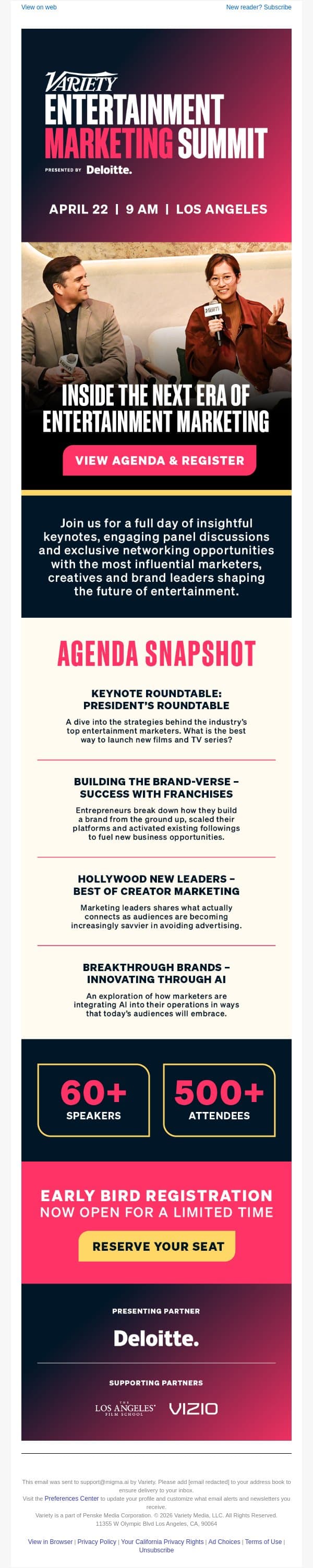 Agenda Snapshot for Variety's Entertainment Marketing Summit - April 22 email from Variety screenshot