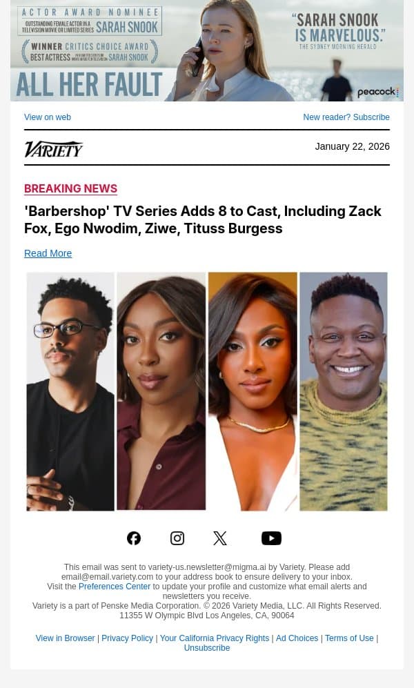 'Barbershop' TV Series Adds 8 to Cast, Including Zack Fox, Ego Nwodim, Ziwe, Tituss Burgess email from Variety screenshot