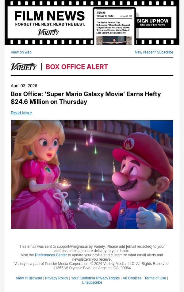 Box Office: 'Super Mario Galaxy Movie' Earns Hefty $24.6 Million on Thursday email from Variety screenshot