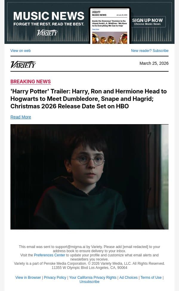 'Harry Potter' Trailer: Harry, Ron and Hermione Head to Hogwarts to Meet Dumbledore, Snape and Hagrid; Christmas 2026 Release Date Set on HBO email from Variety screenshot