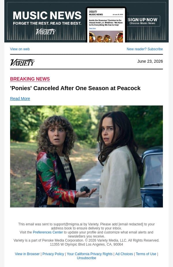 'Ponies' Canceled After One Season at Peacock email from Variety screenshot