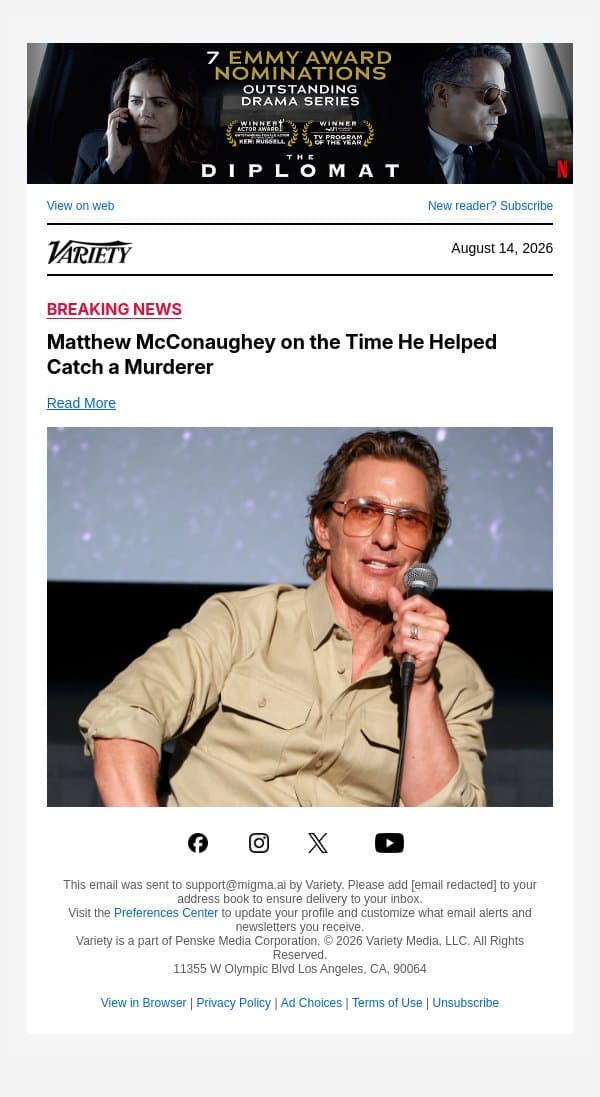 Matthew McConaughey on the Time He Helped Catch a Murderer email from Variety screenshot