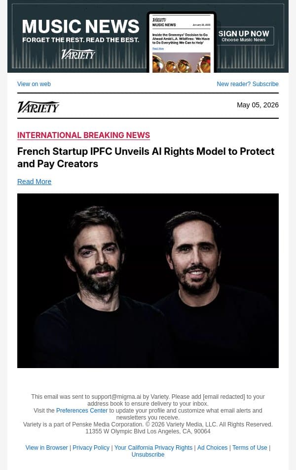 French Startup IPFC Unveils AI Rights Model to Protect and Pay Creators email from Variety screenshot
