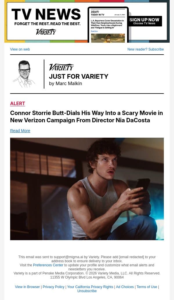 Connor Storrie Butt-Dials His Way Into a Scary Movie in New Verizon Campaign From Director Nia DaCosta email from Variety screenshot