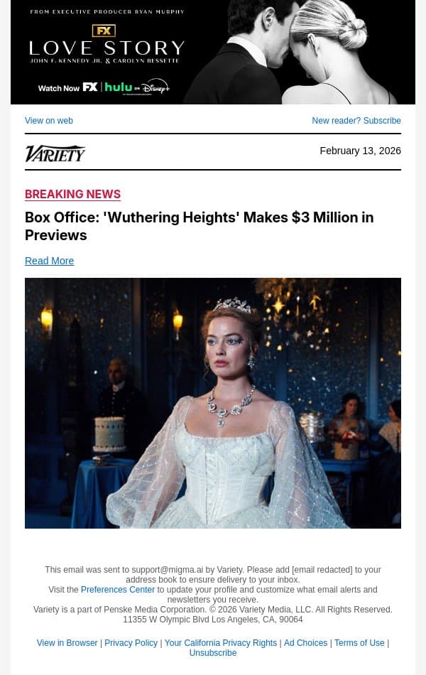 Box Office: 'Wuthering Heights' Makes $3 Million in Previews email from Variety screenshot