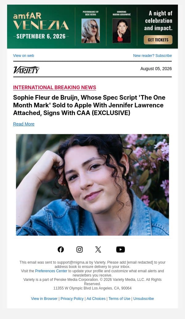 Sophie Fleur de Bruijn, Whose Spec Script 'The One Month Mark' Sold to Apple With Jennifer Lawrence Attached, Signs With CAA (EXCLUSIVE) email from Variety screenshot