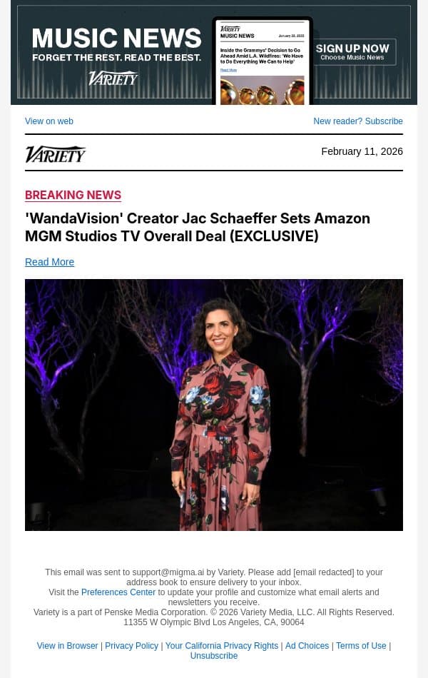 'WandaVision' Creator Jac Schaeffer Sets Amazon MGM Studios TV Overall Deal (EXCLUSIVE) email from Variety screenshot