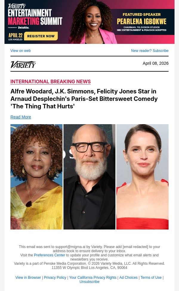 Alfre Woodard, J.K. Simmons, Felicity Jones Star in Arnaud Desplechin's Paris-Set Bittersweet Comedy 'The Thing That Hurts' email from Variety screenshot
