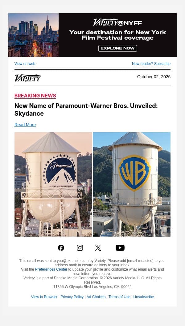 New Name of Paramount-Warner Bros. Unveiled: Skydance email from Variety screenshot