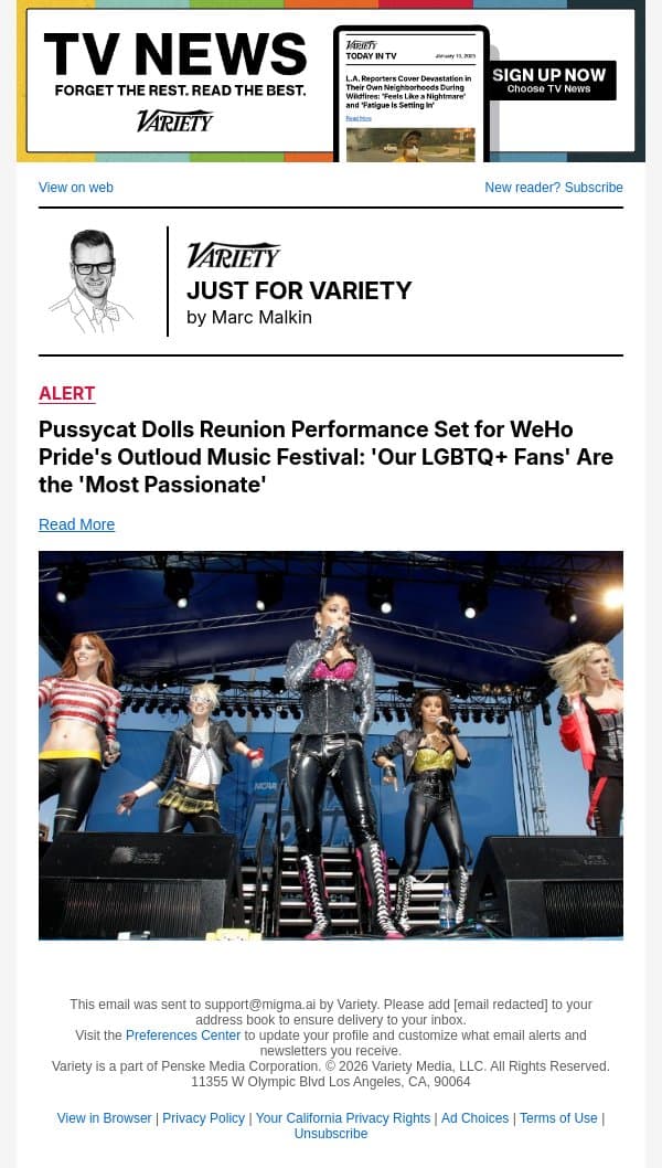 Pussycat Dolls Reunion Performance Set for WeHo Pride's Outloud Music Festival: 'Our LGBTQ+ Fans' Are the 'Most Passionate' email from Variety screenshot