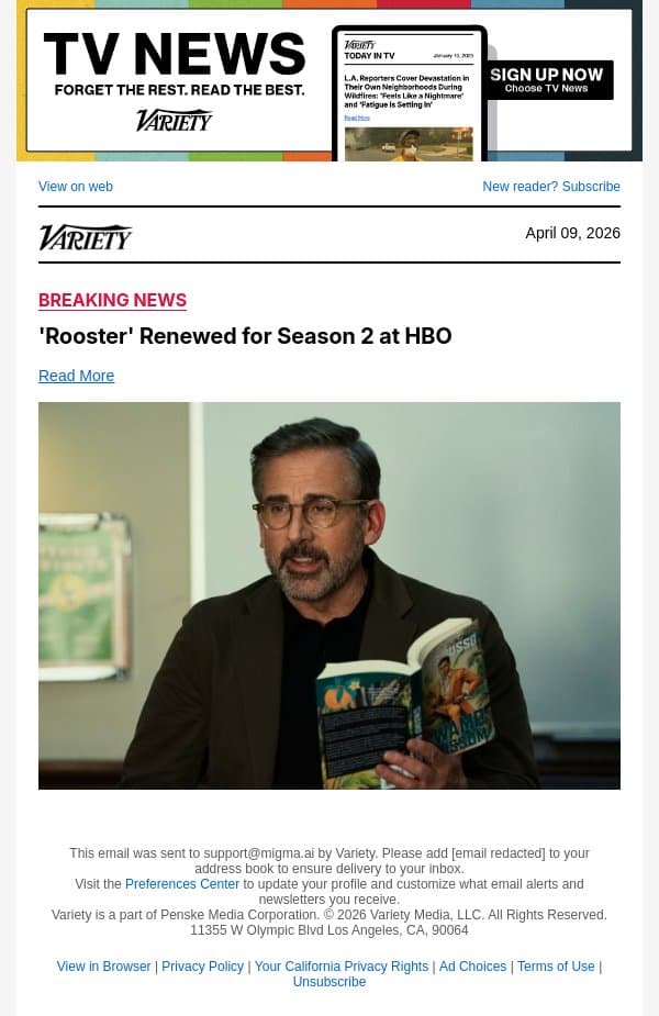 'Rooster' Renewed for Season 2 at HBO email from Variety screenshot