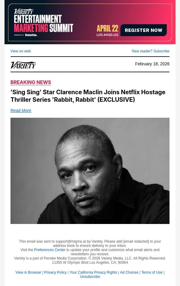 'Sing Sing' Star Clarence Maclin Joins Netflix Hostage Thriller Series 'Rabbit, Rabbit' (EXCLUSIVE) email from Variety screenshot