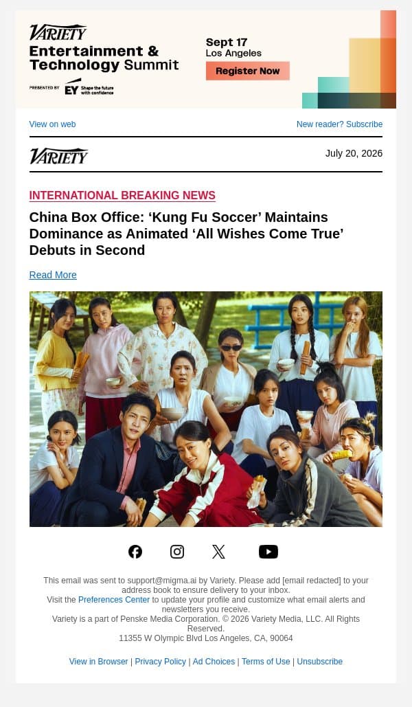 China Box Office: ‘Kung Fu Soccer’ Maintains Dominance as Animated ‘All Wishes Come True’ Debuts in Second email from Variety screenshot
