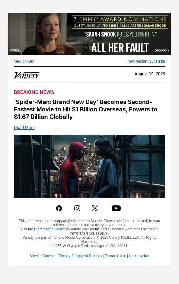 'Spider-Man: Brand New Day' Becomes Second-Fastest Movie to Hit $1 Billion Overseas, Powers to $1.67 Billion Globally email from Variety screenshot