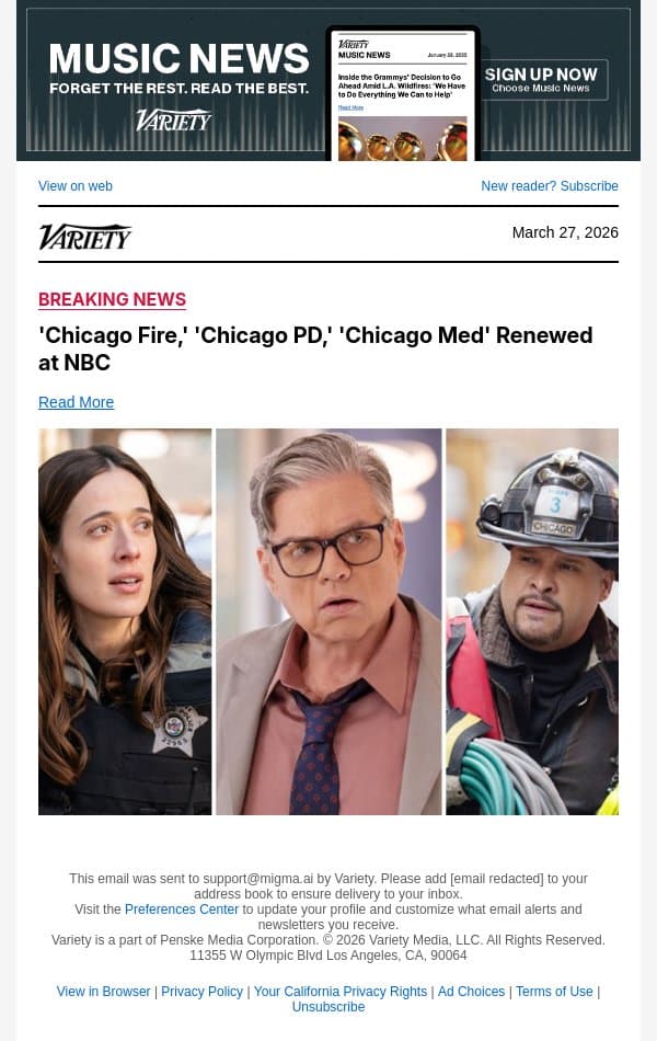'Chicago Fire,' 'Chicago PD,' 'Chicago Med' Renewed at NBC email from Variety screenshot
