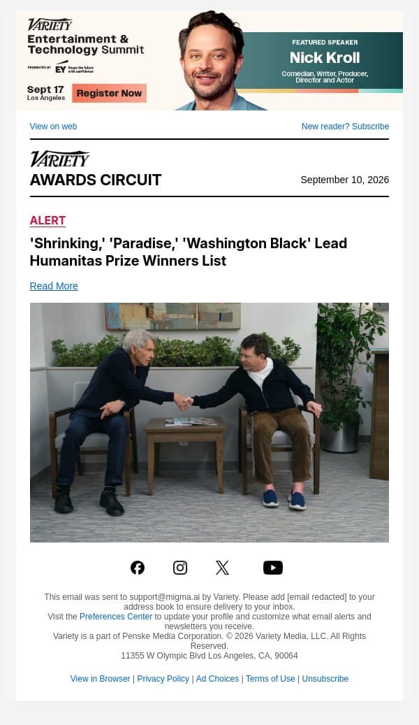 'Shrinking,' 'Paradise,' 'Washington Black' Lead Humanitas Prize Winners List email from Variety screenshot