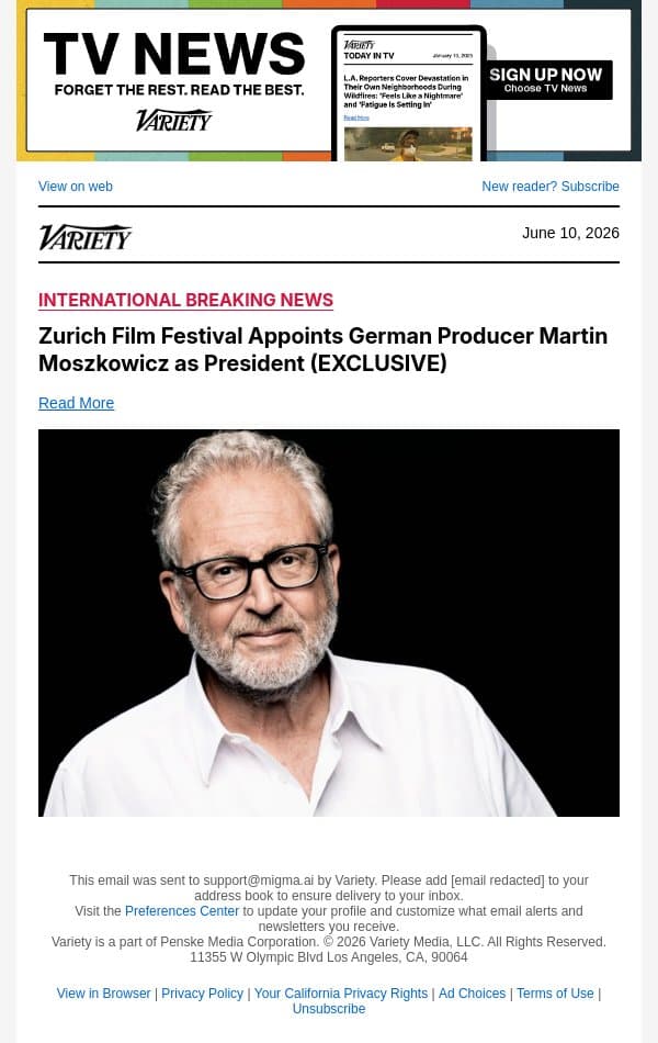 Zurich Film Festival Appoints German Producer Martin Moszkowicz as President (EXCLUSIVE) email from Variety screenshot
