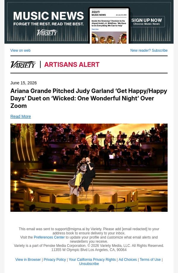 Ariana Grande Pitched Judy Garland ‘Get Happy/Happy Days’ Duet on ‘Wicked: One Wonderful Night’ Over Zoom email from Variety screenshot