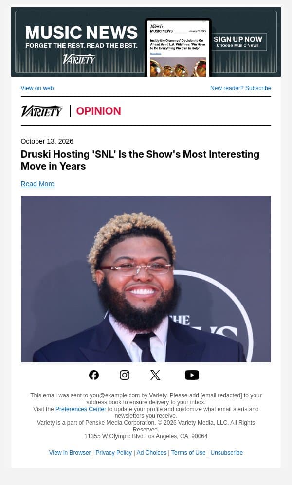 Druski Hosting 'SNL' Is the Show's Most Interesting Move in Years email from Variety screenshot