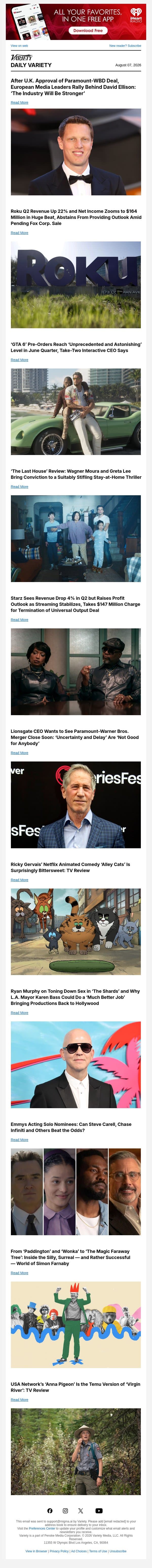 European Media Leaders Rally Behind David Ellison; Roku Earnings Blow Past Estimates; 'GTA 6’ Pre-Orders Reach ‘Astonishing’ Level email from Variety screenshot